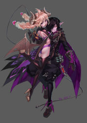  00s 1boy 1girl :d ass bad_id bad_pixiv_id bat_wings braid cape colored_skin dated demon_girl deyezi dimension_walker_(dungeon_and_fighter) dungeon_and_fighter facial_mark full_body gloves highres horns long_hair looking_back looking_to_the_side male_mage_(dungeon_and_fighter) nyarly_the_forbidden open_mouth parted_lips platform_footwear platform_heels pointy_ears purple_skin red_eyes shoulder_blades simple_background smile syringe twin_braids whip wings  rating:Sensitive score:12 user:danbooru