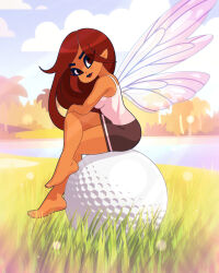  1girl ball barefoot black_shorts blush breasts brown_eyes brown_hair cloud crossed_legs fairy fairy_wings golf_ball grass highres lake long_hair looking_at_viewer louis_lloyd-judson medium_breasts mini_person minigirl palm_tree pointy_ears shirt shorts sian_(louis_lloyd-judson) sitting sky tank_top tree water white_shirt wings 