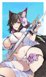  1girl absurdres animal_ear_fluff animal_ears arisaka bare_shoulders bayonet bead_bracelet beads bikini black_hair blue_archive blush bolt_action bracelet breasts cape cowboy_shot flower fox_ears fox_girl fox_tail gun hair_flower hair_ornament halo highres holding holding_weapon jewelry large_breasts long_hair looking_at_viewer navel parted_lips red_halo rifle runfufu see-through simple_background sitting smile solo stomach string_bikini swimsuit tail thigh_strap wakamo_(blue_archive) wakamo_(swimsuit)_(blue_archive) weapon white_bikini yellow_eyes 