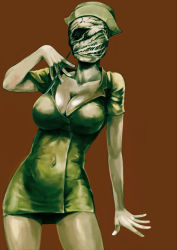  1girl 369_(369pict) breasts cleavage female_focus hat large_breasts monster_girl nurse nurse_(silent_hill) nurse_cap scalpel silent_hill simple_background solo uniform 