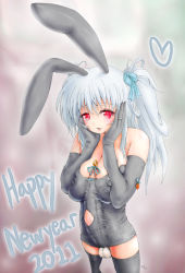  10s 1futa 2011 animal_ears aya_shobon breasts bulge carrot cleavage elbow_gloves futanari gloves hair_ribbon huge_penis large_breasts looking_at_viewer new_year penis ponytail rabbit red_eyes ribbon side_ponytail solo testicles thighhighs twintails urethral_insertion white_hair  rating:Explicit score:85 user:Randomguy664