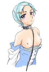 00s 1girl aoi_zero bdsm blue_hair blush bondage bound breasts clothes_pull collar dress dress_pull eureka_(eureka_seven) eureka_seven eureka_seven_(series) leash looking_at_viewer nipples no_bra purple_eyes short_hair simple_background small_areolae small_breasts small_nipples solo white_background rating:Explicit score:14 user:danbooru