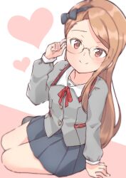  1girl adjusting_eyewear asymmetrical_bangs bespectacled black_ribbon black_skirt blush brown_hair buttons closed_mouth collar commentary_request dot_nose forehead glasses grey_serafuku grey_shirt hair_ribbon hand_on_ground heart highres idolmaster idolmaster_(classic) idolmaster_million_live! idolmaster_million_live!_theater_days junior_high_schoolmate_(idolmaster) light_smile long_hair long_sleeves looking_at_viewer minase_iori neck_ribbon official_alternate_costume pink_background plaid_collar pleated_skirt red_eyes red_ribbon ribbon rimless_eyewear school_uniform serafuku shiitake_taishi shirt sidelocks simple_background sitting skirt solo straight_hair two-tone_background uniform_series_(idolmaster) very_long_hair white_background white_collar yokozuwari 