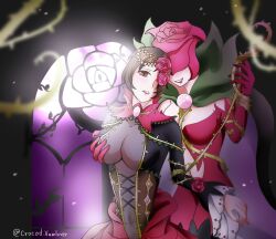 2girls cape covered_eyes digimon digimon_(creature) flower lipstick makeup mask multiple_girls petals rosemon