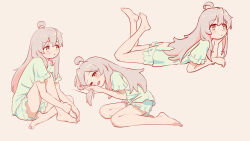  1girl :t ahoge bare_legs barefoot blush chinese_commentary commentary_request elbow_rest feet_up full_body grey_hair hair_between_eyes highres hugging_own_legs lying multicolored_hair multiple_views on_stomach one_eye_closed onii-chan_wa_oshimai! open_mouth oyama_mahiro pajamas pink_hair pout simple_background sitting two-tone_hair yellow_eyes ziyan_yi 