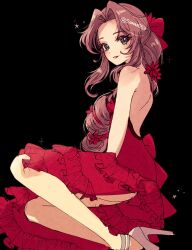  1girl aerith_gainsborough aerith_gainsborough_(red_dress) backless_dress backless_outfit bare_shoulders black_background breasts brown_hair dress feet_out_of_frame final_fantasy final_fantasy_vii final_fantasy_vii_remake flamenco_dress flower frilled_dress frills green_eyes grey_footwear hair_flower hair_ornament hair_ribbon highres light_blush long_dress long_hair looking_at_viewer medium_breasts official_alternate_costume parted_bangs parted_lips ponytail red_dress red_flower red_lips red_ribbon ribbon sana_(sanaa653) side_slit sidelocks sitting solo strappy_heels thighs twitter_username wavy_hair 