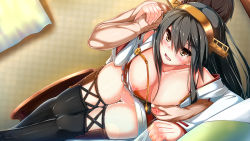 10s 1boy 1girl bare_shoulders black_hair boots bottomless grabbing_another&#039;s_breast breasts breasts_out brown_eyes curtains detached_sleeves faceless faceless_male fuuki_(nicoseiga) fuuki_(te_fuukin) grabbing grabbing_from_behind hair_between_eyes hair_ornament hairband hairclip haruna_(kancolle) headgear hetero highres holding_hands japanese_clothes kantai_collection kikumon long_hair lying medium_breasts nipples no_bra no_panties no_pants nontraditional_miko on_side open_mouth remodel_(kantai_collection) ribbon-trimmed_sleeves ribbon_trim sex solo_focus spooning table thigh_boots thigh_gap thighhighs vaginal rating:Explicit score:29 user:danbooru