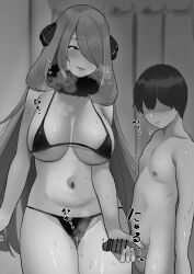  1boy 1girl absurdres age_difference bar_censor bikini black_bikini black_hair blush breasts censored clothed_female_nude_male completely_nude creatures_(company) cynthia_(pokemon) faceless faceless_male fur_collar game_freak greyscale groin hair_ornament hair_over_one_eye handjob height_difference hetero highres large_breasts long_hair looking_at_another looking_down mios1225 monochrome navel nintendo nude onee-shota pokemon pokemon_dppt pussy_juice pussy_juice_drip_through_clothes shota sound_effects stomach sweat swimsuit testicles thigh_gap very_long_hair  rating:Explicit score:78 user:danbooru