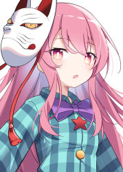  1girl :o a-pose aqua_shirt arms_at_sides bow bowtie breasts bright_pupils collared_shirt commentary_request e.o. fox_mask hata_no_kokoro highres light_blush long_hair long_sleeves looking_at_viewer mask mask_on_head open_mouth partial_commentary pink_eyes pink_hair plaid plaid_shirt purple_bow purple_bowtie shirt small_breasts solo star_button tassel three_quarter_view touhou upper_body white_background white_pupils 