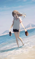 1girl barefoot beach brown_hair cardigan_vest commentary day feet_in_water highres holding holding_clothes holding_legwear holding_shoes unworn_legwear loafers long_hair ocean original outdoors school_uniform shiina_kuro shoes unworn_shoes sky solo symbol-only_commentary wading rating:Sensitive score:8 user:danbooru