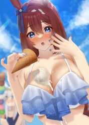 2girls absurdres accident animal_ears artist_name bikini blue_bikini blue_bow blue_eyes blue_nails blue_one-piece_swimsuit blue_sky blurry blurry_background blush bow braid breasts cleavage cloud competition_school_swimsuit day dripping drooling ear_bow ear_ornament ear_ribbon food food_on_body grey_hair hair_between_eyes highres holding holding_food holding_ice_cream horse_ears horse_girl ice_cream ice_cream_cone large_breasts long_hair looking_at_viewer applying_manicure matuda_(matudayazo) melting messy mouth_drool multiple_girls nail_polish navel one-piece_swimsuit open_mouth outdoors pulque red_hair saliva school_swimsuit sky solo_focus spill stacking standing suggestive_fluid super_creek_(umamusume) sweat swimsuit too_many too_many_scoops tracen_swimsuit umamusume upper_body watermark