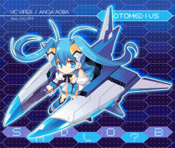  1girl ahoge antenna_hair aoba_anoa black_bow black_bowtie blue_eyes blue_hair blue_thighhighs bow bowtie character_name chibi copyright_name detached_collar full_body gradius headphones heads-up_display honeycomb_(pattern) honeycomb_background honeycomb_pattern konami long_hair looking_at_viewer lowres matching_hair/eyes mecha_musume otomedius pelvic_curtain revealing_clothes ribbon see-through see-through_skirt shoes skirt solo thighhighs twintails usui_rina vic_viper 
