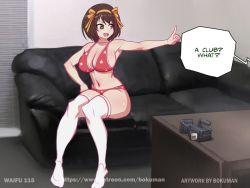 1girl :d armpits bokuman bra breasts brown_eyes brown_hair casting_couch cleavage couch english_text female_focus full_body hair_ornament hair_ribbon indoors knees_together_feet_apart large_breasts legs matching_hair/eyes no_shoes open_mouth outstretched_arm panties red_bra red_panties ribbon short_hair sitting skindentation smile solo speech_bubble suzumiya_haruhi suzumiya_haruhi_no_yuuutsu thighhighs thighs underwear white_thighhighs rating:Questionable score:68 user:Ecchi-Addict