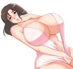  1girl blush breasts brown_hair cleavage clothes_pull curvy gigantic_breasts highres hip_focus lips long_hair looking_away navel one-piece_swimsuit one-piece_swimsuit_pull open_mouth original pink_one-piece_swimsuit plump red_eyes simple_background solo swimsuit tamanegiya white_background wide_hips  rating:Sensitive score:162 user:BlueBaroness
