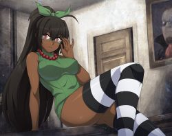 1girl adjusting_eyewear ahoge bare_shoulders black_hair borrowed_character bow breasts chuunioniika commission cyron_tanryoku dark-skinned_female dark_skin desk frown glasses green-framed_eyewear green_bow hair_bow highres huge_ahoge jewelry large_breasts long_hair looking_at_viewer nail_polish necklace no_pants on_desk original pearl_necklace ponytail red_eyes semi-rimless_eyewear sitting sleeveless sleeveless_turtleneck solo striped_clothes striped_thighhighs thighhighs turtleneck under-rim_eyewear very_dark_skin  rating:Sensitive score:34 user:danbooru