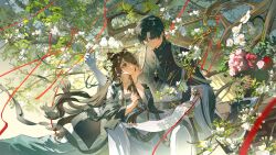  1boy 1girl absurdres bird black_hair branch brown_eyes brown_hair chinese_clothes closed_mouth dress flower guaisanmu hair_flower hair_ornament hanfu highres holding long_hair long_sleeves looking_at_another love_and_deepspace short_hair shuangyaji sitting string string_of_fate very_long_hair white_flower wide_sleeves zayne_(love_and_deepspace) 