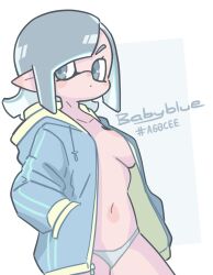  1girl blue_background blue_hoodie blush_stickers breasts collarbone commentary_request cowboy_shot dot_mouth drawstring grey_eyes grey_hair grey_panties hands_in_pockets hekoningyou_(waraningyou) hex_code highres hood hood_down hoodie inkling inkling_girl inkling_player_character looking_to_the_side medium_hair multicolored_clothes multicolored_hoodie navel nintendo open_clothes open_hoodie panties pointy_ears sidelocks solo splatoon_(series) standing stomach tentacle_hair topless two-tone_background underwear v-shaped_eyebrows white_background 