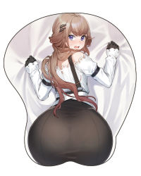  1girl absurdres armband ass ass_mousepad bed_sheet black_gloves black_skirt blush brown_hair controlline3 counter:side crossed_bangs from_behind gloves gradient_hair hair_ornament hairclip hands_up highres korean_commentary long_hair long_sleeves looking_at_viewer looking_back mousepad mousepad_(medium) multicolored_hair nicole_primer o-ring off-shoulder_shirt off_shoulder open_mouth pantylines purple_eyes sheet_grab shirt shirt_tucked_in simple_background skirt solo suspenders sweatdrop top-down_bottom-up white_background white_shirt 