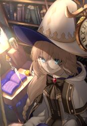  1girl aesc_(fate) aimii_mii aqua_eyes black_bow black_bowtie blonde_hair book bookshelf bow bowtie braid braided_ponytail brooch cape closed_mouth commentary_request fate/grand_order fate_(series) glasses gold_trim hat hood hood_down hooded_cape indoors jewelry large_hat long_hair looking_at_viewer open_book round_eyewear smile solo very_long_hair white_hat witch_hat 