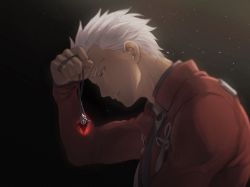  1boy archer_(fate) fate/stay_night fate_(series) from_side gradient gradient_background half-closed_eyes hand_up highres holding holding_jewelry holding_necklace jacket jewelry jewelry_removed long_sleeves male_focus mondi_hl necklace necklace_removed open_clothes open_jacket parted_lips red_eyes red_jacket short_hair solo teeth upper_body white_hair 