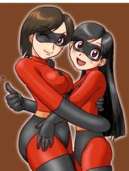  2girls age_difference bodysuit breasts domino_mask elastigirl covered_erect_nipples helen_parr hug large_breasts latex long_hair looking_at_viewer mask mature_female mother_and_daughter multiple_girls open_mouth purple_bonus short_hair skin_tight small_breasts smile the_incredibles violet_parr wink  rating:Questionable score:115 user:Anonymous