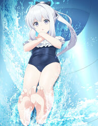  1girl bare_arms bare_legs bare_shoulders barefoot black_one-piece_swimsuit blue_archive blue_halo blush casual_one-piece_swimsuit covered_navel eko frilled_one-piece_swimsuit frills grey_hair hair_between_eyes halo highres long_hair looking_at_viewer miyako_(blue_archive) miyako_(swimsuit)_(blue_archive) off-shoulder_one-piece_swimsuit off_shoulder official_alternate_costume official_alternate_hairstyle one-piece_swimsuit open_mouth ponytail purple_eyes soles solo swimsuit toes water 