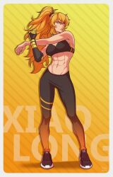  1girl abs black_pants black_sports_bra blonde_hair border breasts character_name full_body highres long_hair mechanical_arms navel pants rwby single_mechanical_arm solo sports_bra stomach stretching striped_background white_border yang_xiao_long yellow_background yellow_nicky 