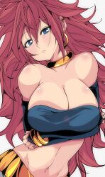  1girl android_21 arm_under_breasts bandeau blue_eyes blush bracelet breasts brown_hair cleavage collar detached_sleeves dragon_ball dragon_ball_fighterz earrings female_focus highres huge_breasts jewelry kinakomochi_(user_vedc2333) large_breasts long_hair looking_at_viewer midriff navel solo strapless  rating:Sensitive score:18 user:Narukovore