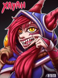  1girl allyatharii animal_ears artist_name feathers finger_in_own_mouth highres league_of_legends long_hair looking_at_viewer red_hair riot_games saliva side_ponytail solo teeth text_focus watermark xayah yellow_eyes  rating:Questionable score:2 user:Allyatharii