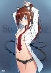  1girl absurdres animal_ears arms_behind_head arms_up between_breasts blue_eyes breasts brown_hair highres long_hair looking_at_viewer makise_kurisu medium_breasts navel necktie open_clothes open_shirt panties ponytail solo standing steins;gate underwear  rating:Questionable score:10 user:orangesaber