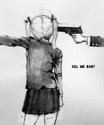  1girl aiming arm_at_side bad_id bad_pixiv_id buttoned_cuffs buttons copyright_name cowboy_shot facing_away finger_on_trigger from_behind grey_background greyscale gun gun_to_head hair_ribbon handgun highres holding holding_gun holding_weapon imminent_suicide jacket kill_me_baby long_hair long_sleeves monochrome outstretched_arm pleated_skirt ribbon sharpen_(optimasplime_fantazy) sketch skirt solo sonya_(kill_me_baby) standing tileable twintails weapon 