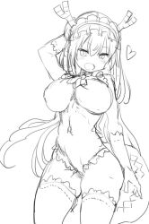  1girl breasts cool-kyou_shinja dragon_girl dragon_horns dragon_tail female_focus frills hair_between_eyes heart highres horns impossible_clothes kobayashi-san_chi_no_maidragon large_breasts looking_at_viewer revealing_clothes simple_background sketch solo source_request standing tail thick_thighs thighhighs thighs tohru_(maidragon) white_background zettai_ryouiki  rating:Sensitive score:25 user:Uploadurr