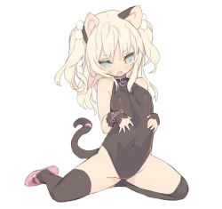 1girl animal_ears blade_(galaxist) blonde_hair blush bracelet breasts cat_ears cat_tail child collar colored_eyelashes covered_erect_nipples fang green_eyes heart jewelry kneeling leotard long_hair mary_janes original shoes small_breasts tail thighhighs rating:Sensitive score:68 user:danbooru