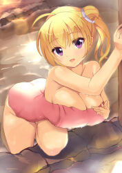  1girl :d ahoge arm_up bare_arms bare_shoulders blonde_hair blush breasts cleavage commentary curvy eyes_visible_through_hair hair_between_eyes hair_bun hand_on_own_chest highres huge_breasts leaning_forward lena_liechtenauer looking_at_viewer medium_hair naked_towel nowa2109 onsen open_mouth pink_towel purple_eyes senren_banka side_ponytail single_side_bun smile soaking_feet solo towel water wet 