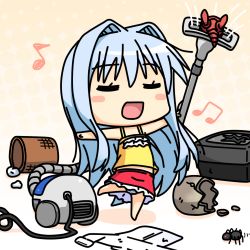 10s 1girl blue_hair blush_stickers broken bug chibi cleaning clothes_on_floor cube_x_cursed_x_curious closed_eyes fear_kubrick hair_intakes k10k long_hair lowres messy_room musical_note solo spider trash_can vacuum_cleaner rating:Sensitive score:7 user:danbooru