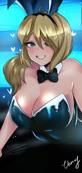  1girl animal_ears blonde_hair bow bowtie breasts cleavage detached_collar female_focus five_nights_at_freddy&#039;s five_nights_at_freddy&#039;s:_security_breach green_eyes highres large_breasts leotard playboy_bunny rabbit_ears smile solo vanessa_(fnaf) vixenery  rating:Explicit score:75 user:Mcgregar