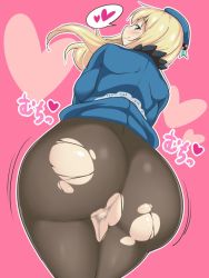 10s 1girl ass ass_shake atago_(kancolle) backboob blonde_hair blue_eyes breasts censored from_behind hat heart highres huge_ass kantai_collection large_breasts long_hair looking_at_viewer looking_back mosaic_censoring naughty_face pantyhose pink_background pussy raised_eyebrows simple_background smile solo sumemako thick_thighs thighs torn_clothes torn_pantyhose translation_request wide_hips rating:Explicit score:44 user:danbooru