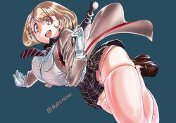  10s 1girl blonde_hair breasts brown_eyes bud_(pixiv4618092) female_focus gloves gun hair_ornament hairclip huge_breasts looking_at_viewer miniskirt narusawa_ryouka occultic;nine open_mouth shirt shoes short_hair signature simple_background skirt solo thighhighs thighs weapon white_gloves white_shirt 
