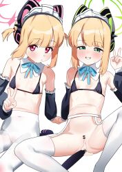  2girls absurdres adapted_costume animal_ear_headphones animal_ears bar_censor bikini black_bikini black_sleeves blonde_hair blue_archive blush breasts censored cleft_of_venus closed_mouth cum cum_in_pussy detached_collar detached_sleeves fake_animal_ears green_eyes green_halo grin halo headphones highres loli looking_at_viewer maid maid_bikini maid_headdress midori_(blue_archive) midori_(maid)_(blue_archive) momoi_(blue_archive) momoi_(maid)_(blue_archive) multiple_girls pantyhose pink_halo pussy red_eyes short_hair siblings simple_background sisters small_breasts smile swimsuit thighhighs twins unconventional_maid v white_background white_pantyhose white_thighhighs yonketa  rating:Explicit score:56 user:danbooru