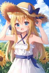  1girl animal_ears autoins bare_shoulders blonde_hair blue_eyes blush cloud collarbone day dot_nose dress fang female_focus flesh_fang flower hat looking_at_viewer open_mouth original outdoors sky solo standing sunflower  rating:General score:2 user:Vampire10
