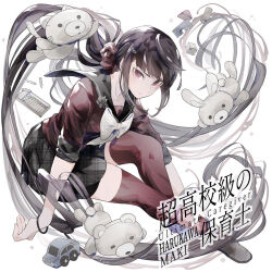  1girl absurdly_long_hair black_bracelet black_sailor_collar black_skirt boots bow bowtie brown_footwear brown_hair character_name collarbone collared_shirt commentary_request crayon danganronpa_(series) danganronpa_v3:_killing_harmony floating_hair flower_brooch full_body furrowed_brow grey_rose hair_ornament hair_scrunchie hairclip hand_on_own_ankle harukawa_maki infinity_symbol long_hair long_sleeves looking_at_viewer low_twintails miniskirt parted_lips plaid plaid_skirt pleated_skirt polka_dot_bowtie red_eyes red_scrunchie red_shirt red_sleeves red_thighhighs sailor_collar school_uniform scrunchie serafuku shirt sitting skirt sleeves_past_elbows solo stuffed_animal stuffed_cat stuffed_rabbit stuffed_toy teddy_bear thighhighs toy_car twintails u_u_ki_u_u unmoving_pattern very_long_hair white_background white_bow white_bowtie 
