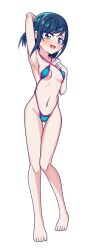  1girl arm_behind_head arm_up armpits barefoot blue_hair blue_slingshot_swimsuit bob_cut breasts commentary delicious_party_precure full_body fuwa_kokone green_eyes hair_ornament hairclip hand_on_own_chest highres looking_at_viewer merit_(user_cmvj8887) navel open_mouth precure short_hair simple_background slingshot_swimsuit small_breasts smile solo standing swimsuit thigh_gap white_background 