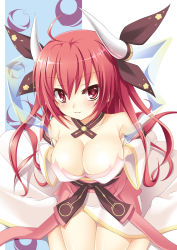 10s 1girl ahoge alternate_breast_size bare_shoulders blush breasts cleavage date_a_live detached_sleeves highres itsuka_kotori looking_at_viewer oji red_eyes red_hair smile solo twintails rating:Sensitive score:49 user:danbooru