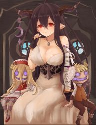 10s 1girl antenna_hair areola_slip arm_at_side bad_id bad_pixiv_id bandages bare_shoulders black_gloves black_hair blush breasts cleavage collarbone crescent danua doll draph dress fingerless_gloves fur-trimmed_gloves fur_trim gloves granblue_fantasy hair_between_eyes horn_ornament horns jewelry large_breasts long_hair md5_mismatch necklace pendant pointy_ears red_eyes ririnya00 sitting sleeveless sleeveless_dress solo strap_slip striped underbust very_long_hair white_dress 