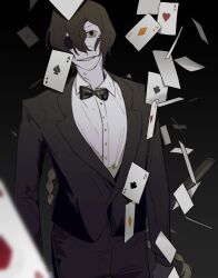  1girl absurdres ace_(playing_card) ace_of_diamonds ace_of_hearts ace_of_spades black_background black_necktie black_pants black_suit braid braided_ponytail brown_hair card collared_shirt diamond_(shape) dilated_pupils eyepatch formal grin hair_between_eyes heart highres katana long_hair long_sleeves looking_at_viewer necktie original pants playing_card reverse_trap scales sheath shirt simple_background smile solo spade_(shape) standing suit sword upper_body very_long_hair weapon white_shirt yellow_eyes yulei_yuuuuu 