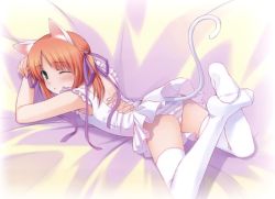  1girl animal_ears cat_ears cat_tail feet feet_together green_eyes highres legs looking_back lying no_shoes on_stomach one_eye_closed ooji panties short_hair solo striped_clothes striped_panties tail thighhighs twintails underwear white_thighhighs wink  rating:Sensitive score:39 user:danbooru