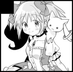  1girl alien black_border blush_stickers border bow bow_choker buttons center_frills chest_jewel circle_cut closed_mouth collarbone commentary_request cowboy_shot creature creature_on_shoulder dress frilled_dress frilled_skirt frilled_sleeves frills gloves greyscale hair_bow kaname_madoka kyubey looking_at_viewer magical_girl mahou_shoujo_madoka_magica mahou_shoujo_madoka_magica_(anime) miniskirt monochrome no+bi= on_shoulder puffy_short_sleeves puffy_sleeves short_dress short_hair short_sleeves short_twintails simple_background skirt smile square_neckline twintails waist_bow white_background 