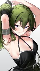  1girl armband armlet armpits arms_up belt black_belt black_dress black_gloves breasts dress gloves green_hair grey_background hair_between_eyes highres long_hair looking_at_viewer naughty_face parted_lips presenting presenting_armpit purple_eyes side_ponytail single_glove sleeveless sleeveless_dress small_breasts solo sousou_no_frieren totoki86 ubel_(sousou_no_frieren) upper_body  rating:Sensitive score:31 user:danbooru