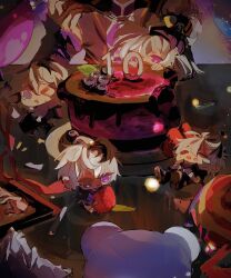  5girls ahoge androgynous arm_warmers balloon bandages bee birthday_cake black_hair blue_eyes boots bug cake cevio choker ci_flower corset flower_(gynoid_talk) flower_(vocaloid) flower_(vocaloid3) flower_(vocaloid4) food fork fruit happy_birthday high_ponytail highres holding holding_food holding_fork holding_fruit insect jacket long_hair lying milimoxiangzi mini_person minigirl multicolored_hair multiple_girls purple_hair short_hair short_hair_with_long_locks shorts stuffed_animal stuffed_toy tearing_up teddy_bear tomboy two-tone_hair vocaloid white_hair 