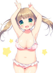 1girl arms_up bikini blush breasts brown_hair cleavage fang female_focus green_eyes large_breasts long_hair looking_at_viewer lying navel on_back open_mouth original plump simple_background smile solo swimsuit thighs twintails usashiro_mani white_background rating:Sensitive score:44 user:danbooru
